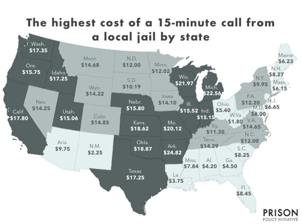 Picture of a United States map showing the cost of a 15-minute call from a local jail by state.