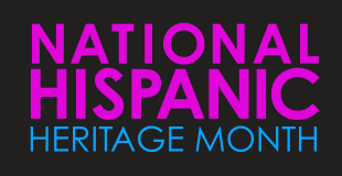 Image Description: National Hispanic Heritage Month text written in purple and blue text on a black background.