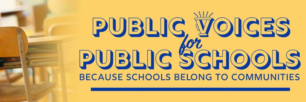 Image Description: The word Public Voices for Public Schools in Blue text on a yellow background. There are some school desks on the left side of the image also. 